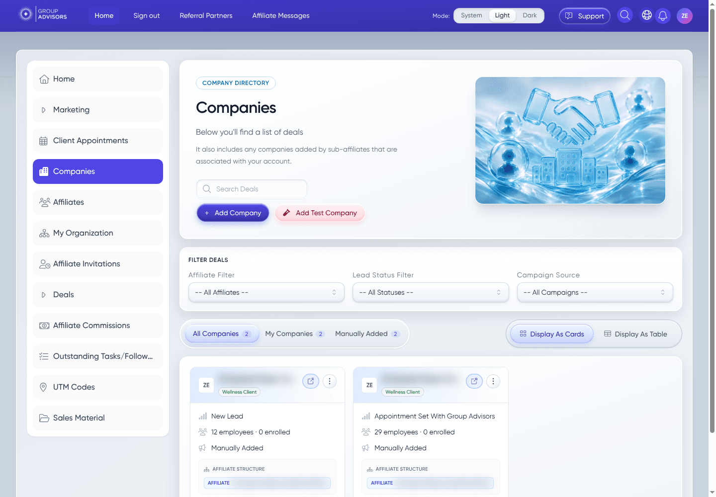 The real affiliate workspace, shown with staging demo companies.